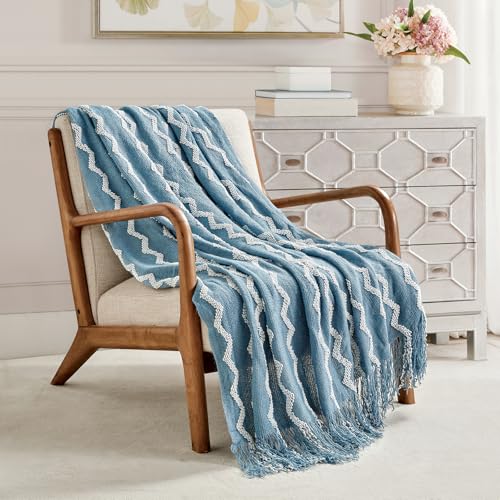 BOURINA Knitted Throw Blanket Boho Chenille Outdoor Blanket,Blue 50x60Inch - color: A-blue, size: 50"×60"