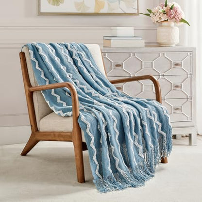 BOURINA Knitted Throw Blanket Boho Chenille Outdoor Blanket,Blue 50x60Inch - color: A-blue, size: 50"×60"