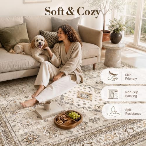 cotiled 7x9 Area Rug for Living Room, Washable, Traditional, Beige - color: Beige, size: 7' x 9' (Rectangular)