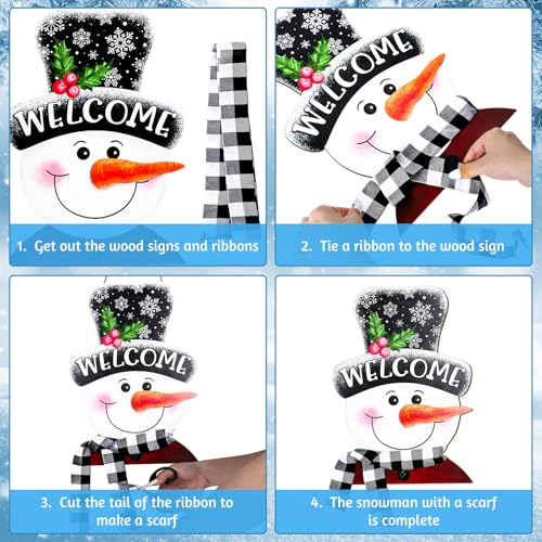 Whaline Winter Snowman Wooden Hanging Sign with Black White Buffalo Plaid Scarf Ribbon Snowman Welcome Sign Xmas Door Decor Sign for Christmas Winter kitchen Indoor Outdoor Porch Wall - style: vivid