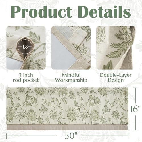 jinchan Floral Valance Curtain Linen 16 Inch Farmhouse 1 Panel Sage - color: Jacobean | Sage Green, size: 50"W x 16"L (Pack of 1)