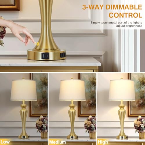 30 Inch Gold Single Table Lamp, 3-Way Dimmable Touch Control Bedside Lamps with USB A+C Ports and AC Outlet, Metal Brass Bedroom Lamps for Night stand, Modern Tall Lamp for Living room end table - color: Gold-1PK