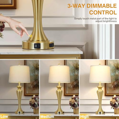 30" Gold Tall Table Lamps for Living Room, Touch Control Bedroom Lamp with USB A+C Ports and AC Outlet, 3-Way Dimmable Bedside Table Lamps Set of 2, Modern Metal Lamp for Nightstand - color: Gold