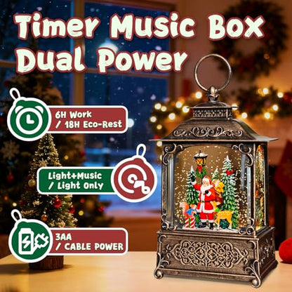 SUNFACE Christmas Snow Globe Lantern, Santa Reindeer Squirrel Tree Light Up Musical Snow Globes with 6H Timer, 3 AA Battery & USB Powered, Glitter Globe for Indoor for Kids Women Adults - color: Santa Claus Animals 104