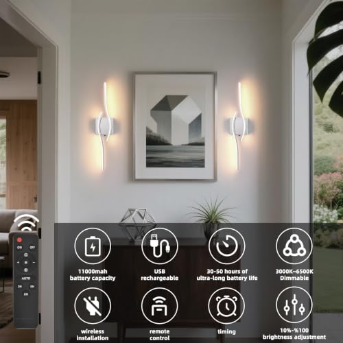 Battery Operated Wall Sconce, Silver LED Battery Wall Light dimming with Remote Control, 23.6 Inch Rechargeable Chrome Wireless Wall Lights for Living Room, Bedroom, and Stairs Wall Sconces (2 Pack) - color: Chrome, size: 23.6 inch
