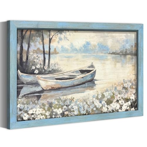 summer melody Rustic Lake Landscpe Wooden Framed Wall Art 45x30 Inch | River Boat Picture, Lakeside Painting, Rustic Country Picture, Countryside Artwork, Farmhouse Decor for Living Room, Bedroom - color: Blue, size: 45"L x 30"W