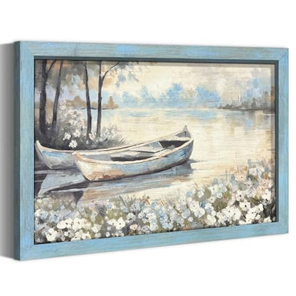 summer melody Rustic Lake Landscpe Wooden Framed Wall Art 45x30 Inch - color: Blue, size: 45"L x 30"W