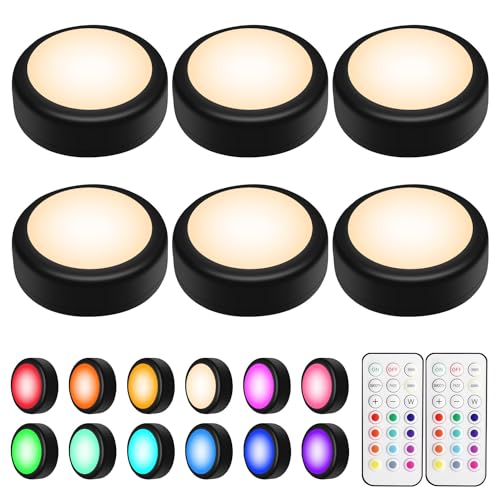 BLS LED Puck Lights with Remote Control, Wireless Under Cabinet & Closet Lighting, RGB 13 Color Changing Lights with Dimmer, Timer & AA Battery Operated, Push, Touch, Stick on for Night, Black, 6 Pack - color: Black, size: 6 Pack