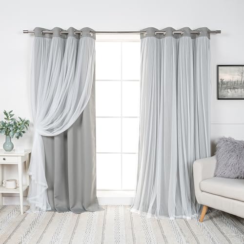 Best Home Fashion Set of 2 Lace Tulle Overlay Thermal Insulated Solid Blackout, Stainless Steel Nickel Grommet Window Panels for Bedroom, Living Room, Dining Room - 52" W x 84" L, Dove - color: Dove, size: 52"W x 84"L (Pack of 2)