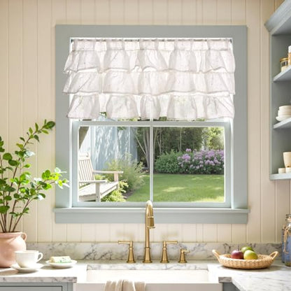 jinchan Mini Pom-Pom Ruffled Valance for Windows 18 Inch 1 Panel White - color: Dottie Linen Whisper