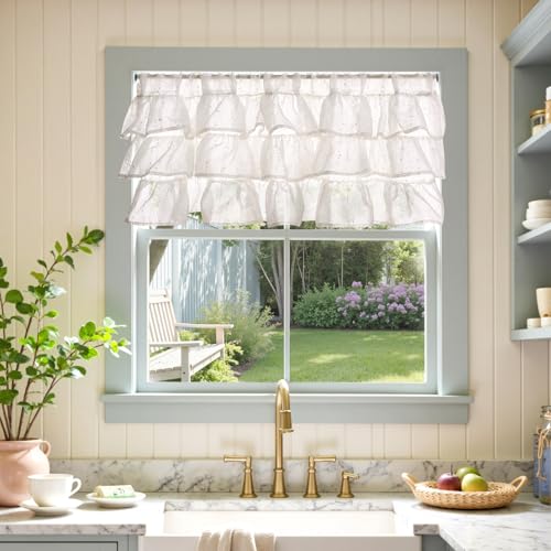 jinchan Mini Pom-Pom Ruffled Valance for Windows 18 Inch 1 Panel White - color: Dottie Linen Whisper