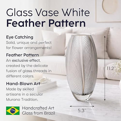Murano Style Glass Vase Hand Blown White Feather Pattern Effect Home Decor - color: White