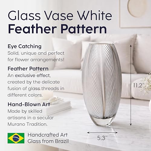 Murano Style Glass Vase Hand Blown White Feather Pattern Effect Home Decor - color: White