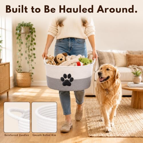 Dog Toy Basket with Handles, Grey Cotton Rope Storage Bin Organizer - color: Grey/White