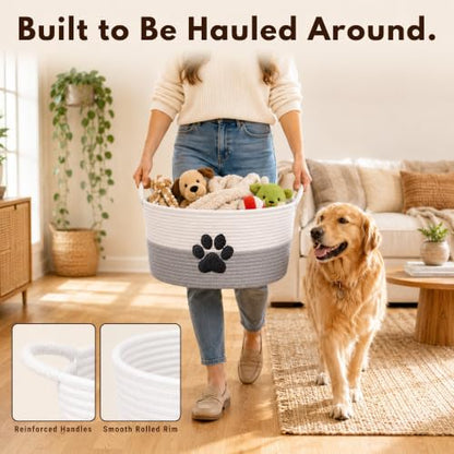 Dog Toy Basket with Handles, Grey Cotton Rope Storage Bin Organizer - color: Grey/White