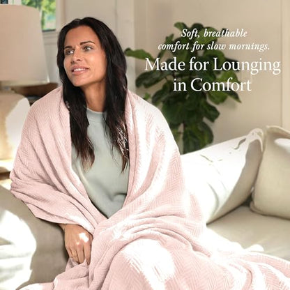 Threadmill Luxury 100% Cotton Queen Herringbone Blanket, English Rose - color: English Rose, size: Queen (90" x 92")