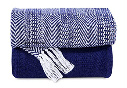 Luxurious Hand Woven Cozy Warm 100% Combed Cotton All Season Indoor Outdoor Light Weight Fade Resistant Couch Chair Bed Throw Blankets Batik 50x60 Inch Set of 2 (Navy) - color: Navy