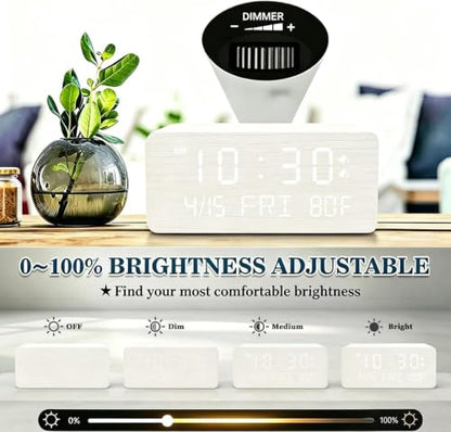 Premium White Wooden Digital Alarm Clock with Wireless Phone Charger, USB Charging Ports, Dimmable LED Display, Date & Day of Week, Temperature, Digital Desk Clock for Bedroom Nightstand Bedside Table - color: White
