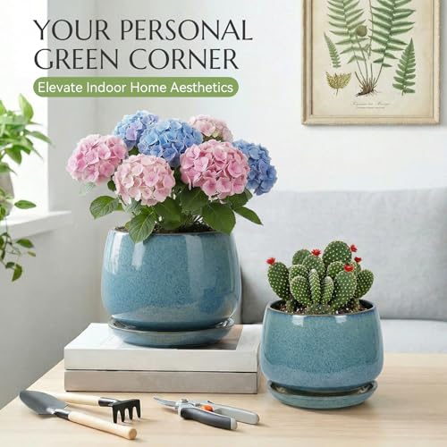 7.5 Inch Flower pots for Indoor Outdoor Plants with Saucer Drainage Leak-Proof Mesh, Ceramic Planter with Gardening Gloves for Succulent and Flower(Crackled Blue) - color: Crackled Blue, size: 7.5 Inch