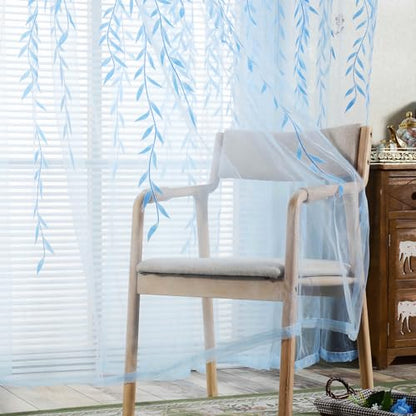 Ufurty 2pcs Willow Leaf Window Curtain Voile Tulle Vine Sheer Curtains - color: Blue Leaf, size: 39.4"W x 78.7"L (Pack of 2)
