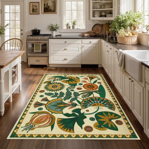 Joydeco 3x5 Washable Entryway Rug Non Slip, Egypt Floral Beige Bedroom Rug - color: Beige, size: 3' x 5' (Rectangular)