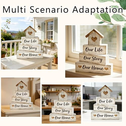 Farmhouse Tiered Tray Decor, 4pcs Our Life Our Story Our Home Table Decor - style: Family