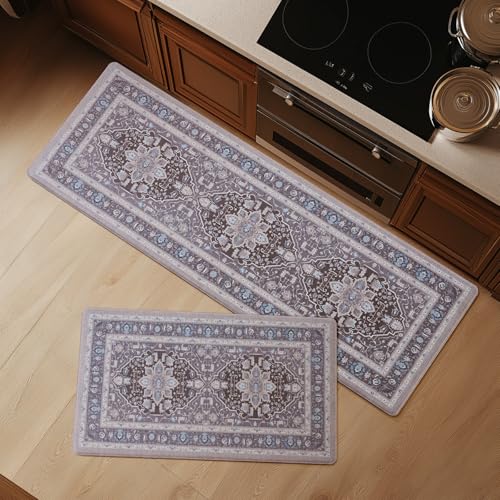 FRESHMINT Medallion Kitchen Mat Set 2 Piece, 17x30''+17x47'', Misty Gray - color: Misty Gray
