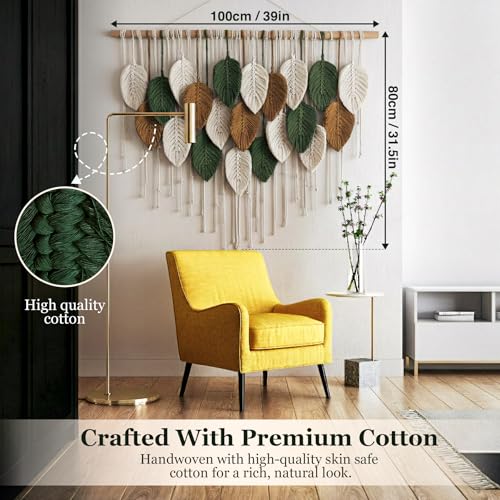 KORSIV Macrame Wall Hanging Boho Woven Tapestry, 39" x 31.5" Modern Bohemian Handmade Leaf Feather Wall Art Decorations for Apartment Dorm Living Room Bedroom Nursery Backdrop, Chic Home Decor