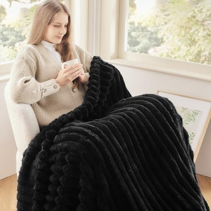 NEWCOSPLAY Fleece Ribbed Cozy Throw Blanket for Couch, Black, 50"x60" - color: Black Ribbed, size: Throw(50"x60")