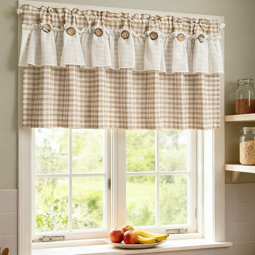 Beige Gingham Checkered Kitchen Short Curtain with Ruffle & Wooden Buttons - size: 55"W x 20"L (Pack of 1)