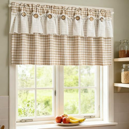 Beige Gingham Checkered Kitchen Short Curtain with Ruffle & Wooden Buttons - size: 55"W x 20"L (Pack of 1)