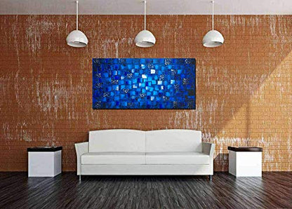 MyArton Large Thick Abstract Dark Blue add Silver Square Wall Art Hand Painted Artwork Textured Oil Painting on Canvas Framed Ready to Hang 60x30inch - color: Blue Add Silver, size: 60"L x 30"W