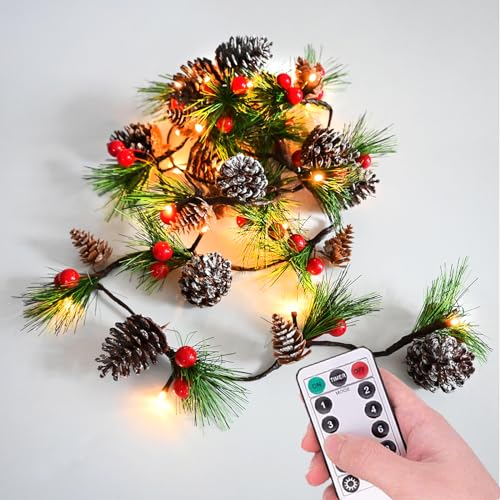 Christmas Garland Lights 6.56FT Holiday Prelit Garlands Pine Cone Red Berry Battery Operated with Remote Garland Wreath Xmas Decor Lights for Outdoor Indoor Christmas Tree Home Frontdoor Decorations - size: 6.56 Feet