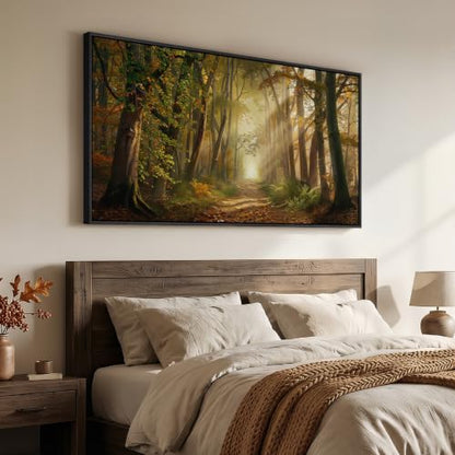 Large Framed Fall Forest Landscape Wall Art for Living Room, 60x30 Inch - color: Brown