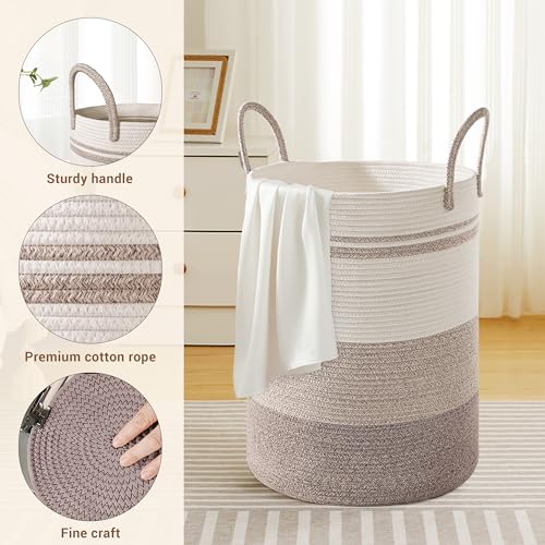 72L Large Tall Cotton Rope Laundry Basket with Handles, Brown Striped - color: Brown Striped, size: 72L