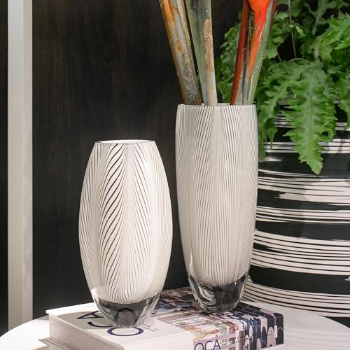 Murano Style Glass Vase Hand Blown White Feather Pattern Effect Home Decor - color: White