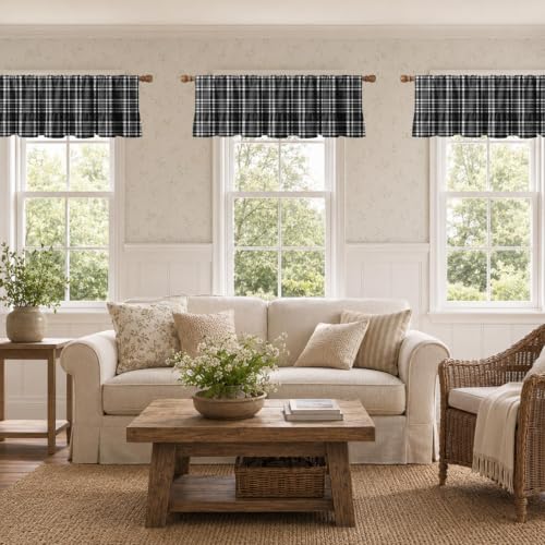 Emvency Valances for Windows, Line Ruffle Hem, 2 Pack, 52x18 Inch, Plaid - color: Black Grey