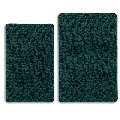 Dark Teal Bathroom Rugs Sets 2 Piece – Absorbent and Washable Bath Mat, Non-Slip, Thick Soft Chenille Bath Rugs for Bathroom Floor, Shower, Sink - 20" x 32"+24" x 36" - color: Dark Teal, size: 24"x36" and 20"x32"