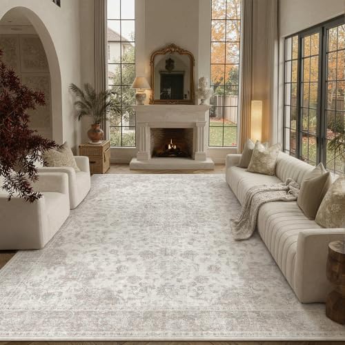 PureCozy 9x12 Area Rug Washable Neutral Beige Vintage Floral - color: Vintage | Beige, size: 9' x 12' (Rectangular)