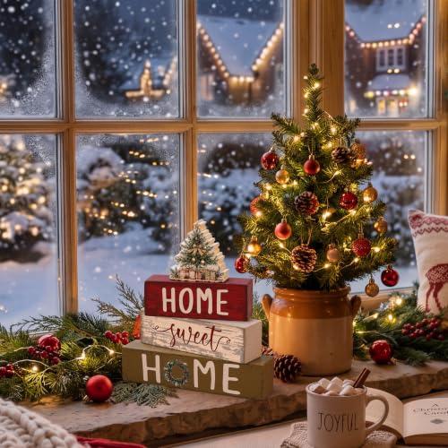 Cinnvoice 4 Pcs Red Christmas Tree Wooden Home Sweet Home Block Shelf Decor - style: Christmas Tree