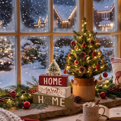 Cinnvoice 4 Pcs Red Christmas Tree Wooden Home Sweet Home Block Shelf Decor - style: Christmas Tree