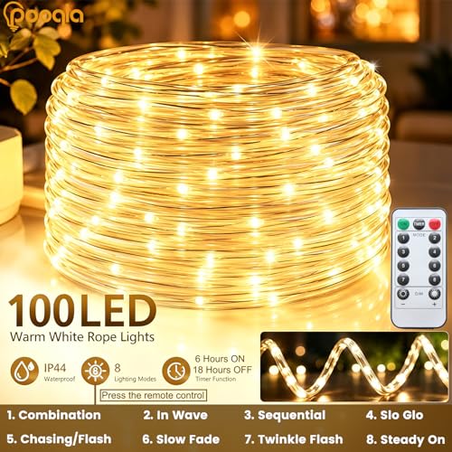 Pooqla Battery String Lights Outdoor, 100LED Warm White Rope Lights - color: Warm White, size: 100LED×1