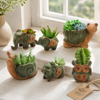 Okllen 6 Pack Mini Animal Ceramic Succulent Planter Set, Cute Elephant, Turtle, Owl, Snail, Succulent Pots with Drainage Hole, Ideal for Bonsai, Indoor, Outdoor