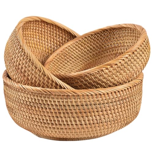Rattan Bread Basket, Hand Woven Fruit Basket, Wicker Serving Basket Bowl, Decorative Baskets for Kitchen Counter Organizing, Set of 3 (Round) - color: Round