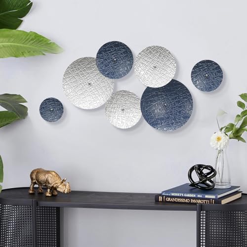 TEIPAI Blue Wall Decor for Home Living Room Gallery,7PCS Metal Art Accent - color: Silver and Navy Blue