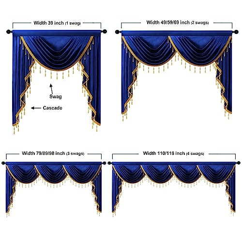 ELKCA Luxury Royal Blue Velvet Curtain Valances for Living Room with Beads(118inch,1 Panel) - color: Royal Blue, size: 118"W x 43"L (Pack of 1)
