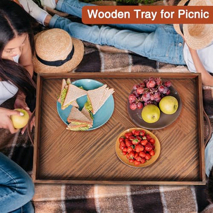 SXNOWS Wooden Serving Tray with Leather Handles, 24x16 in - size: 24" x 16" x 1.6"