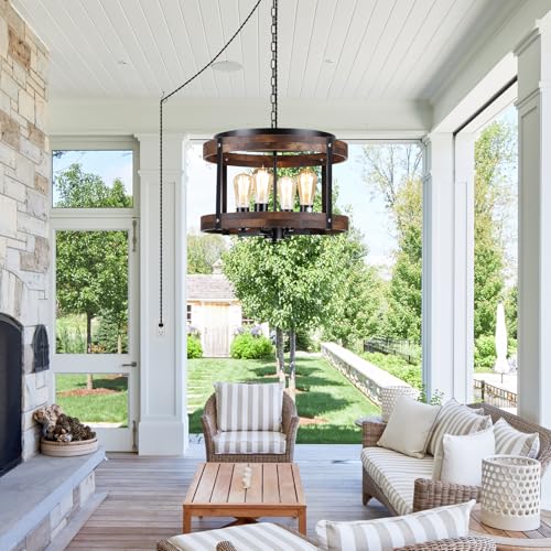 4-Light Large Rustic Farmhouse Plug in Pendant Light Fixture with Adjustable Chain, Dimmable Switch, 16.5 inch Oak Wood Drum Hanging Lamp for Dining Room Living Room Farmhouse Entry, Black - size: Large hanging lamp 1 pack