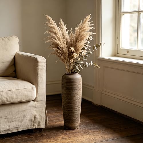 Brown Rustic Ceramic Floor Vase, 19.7 Inch, Ribbed Texture - size: 19.7 Inch
