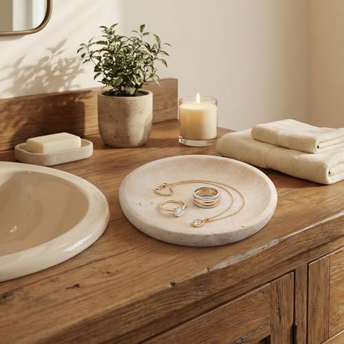 Natural Travertine Marble Jewelry Dish 5.5", Trinket Dish for Ring Earring Key, Ring Tray Gift for Woman Daughter (Beige Travertine)